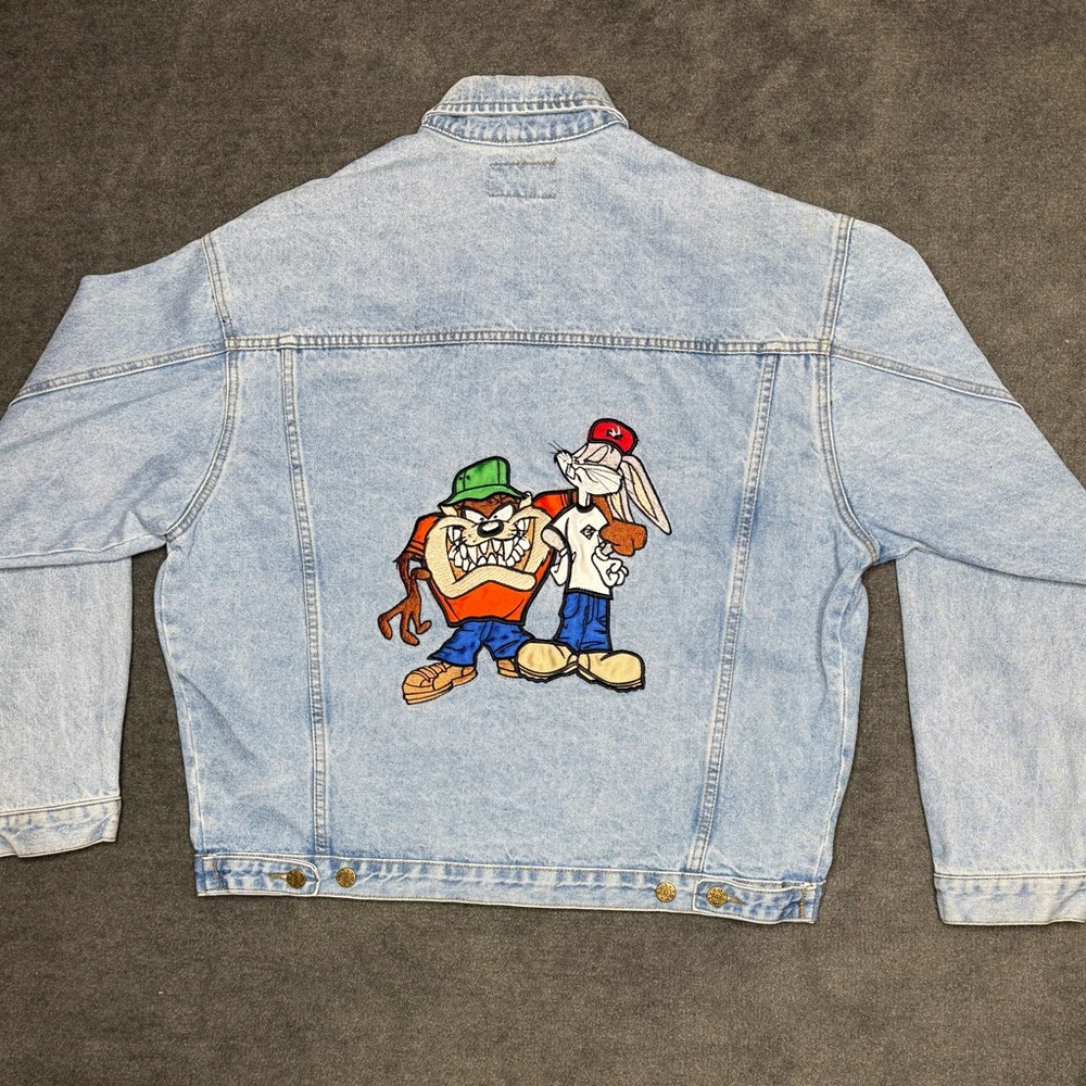 Vintage 1992 Looney Tunes Denim Jacket XL 26” P2P Taz Bugs Bunny Embroidered